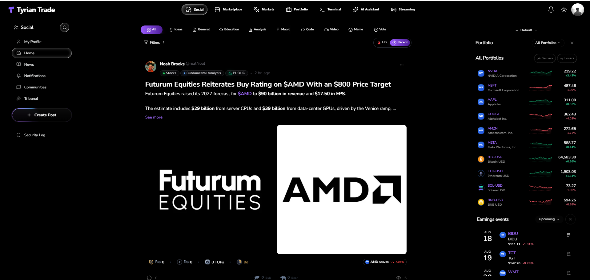 Home Feed · TyrianTrade Social screenshot