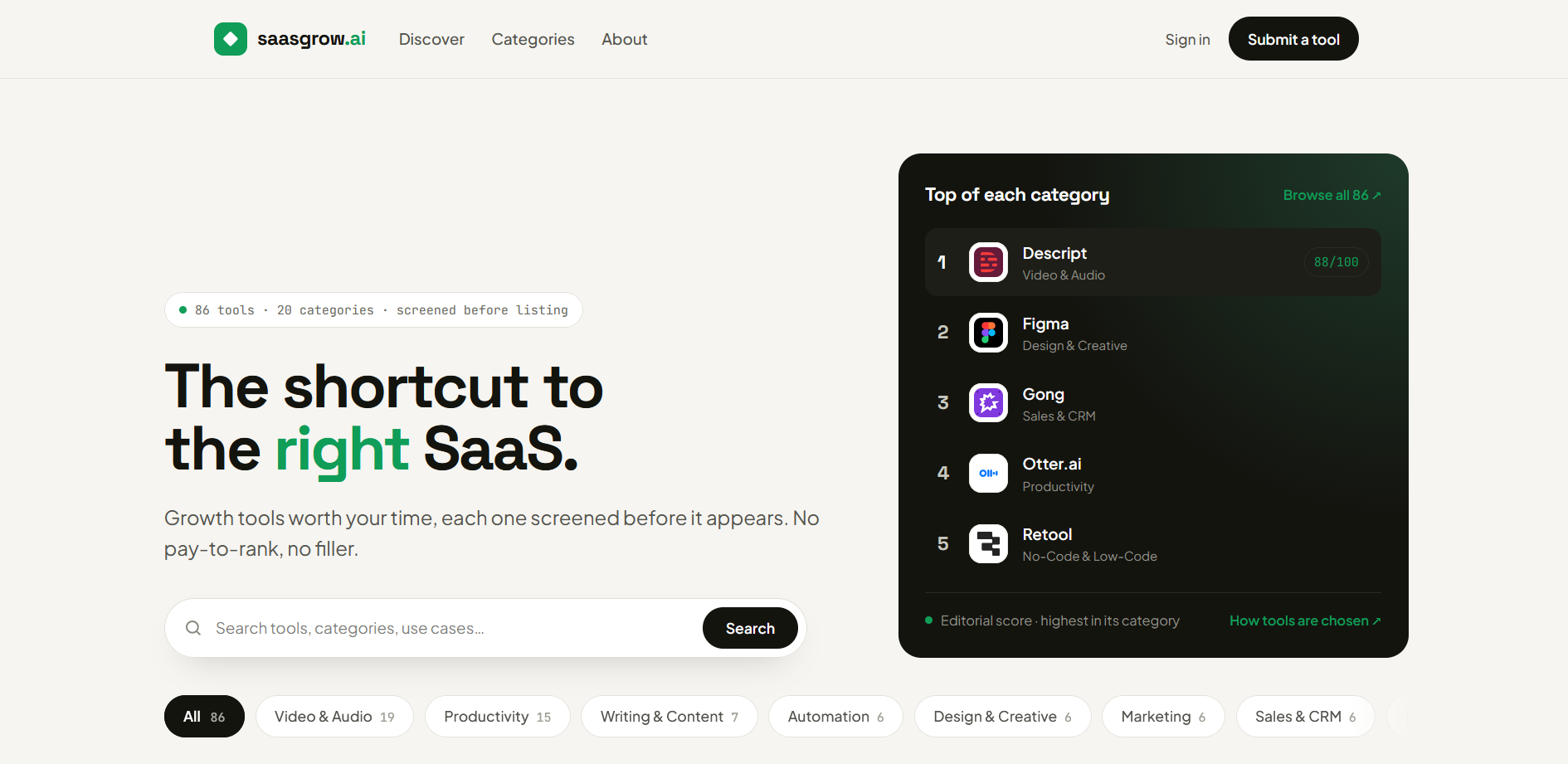 saasgrow.ai — the shortcut to the right SaaS screenshot