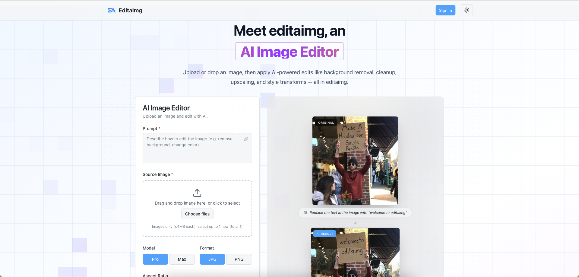 AI Image Editor Online – Free, No Sign-Up | Editaimg screenshot
